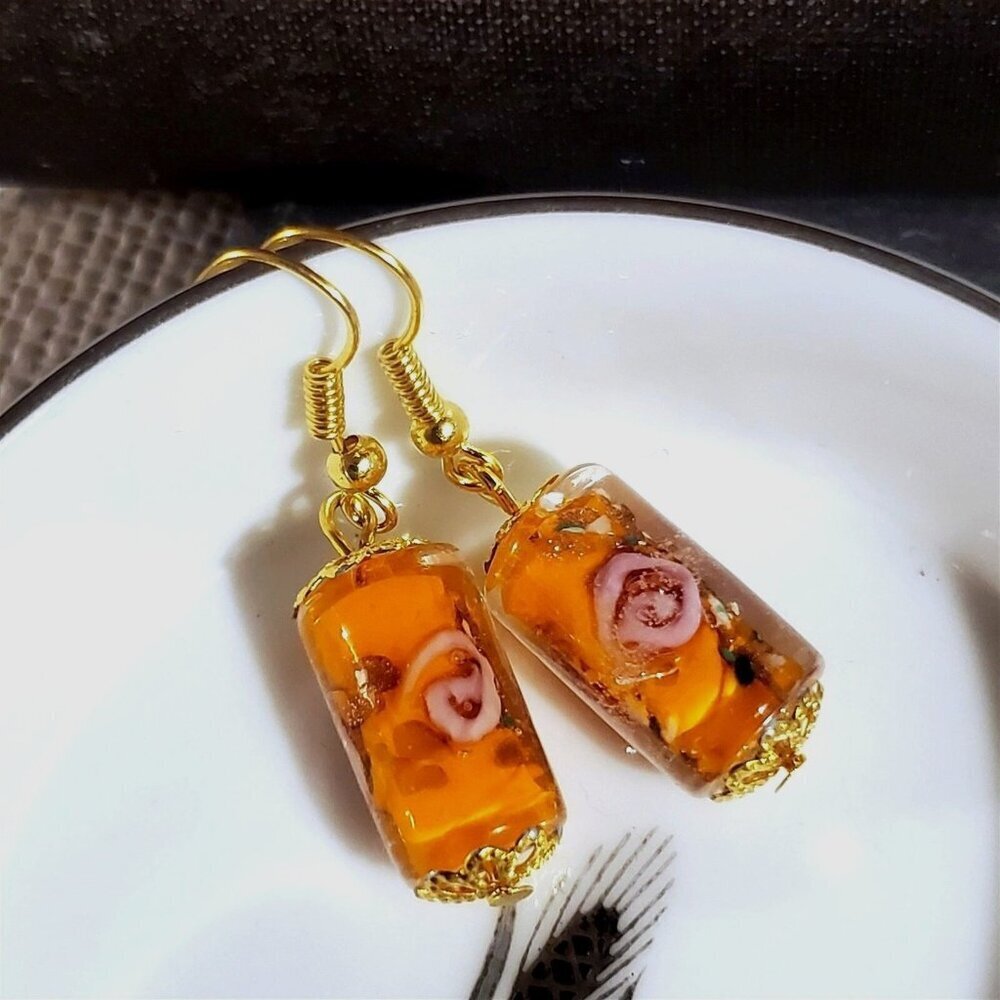 Vintage Orange Murano Lampwork Glass Flower Inside Beads Round Tube Earrings